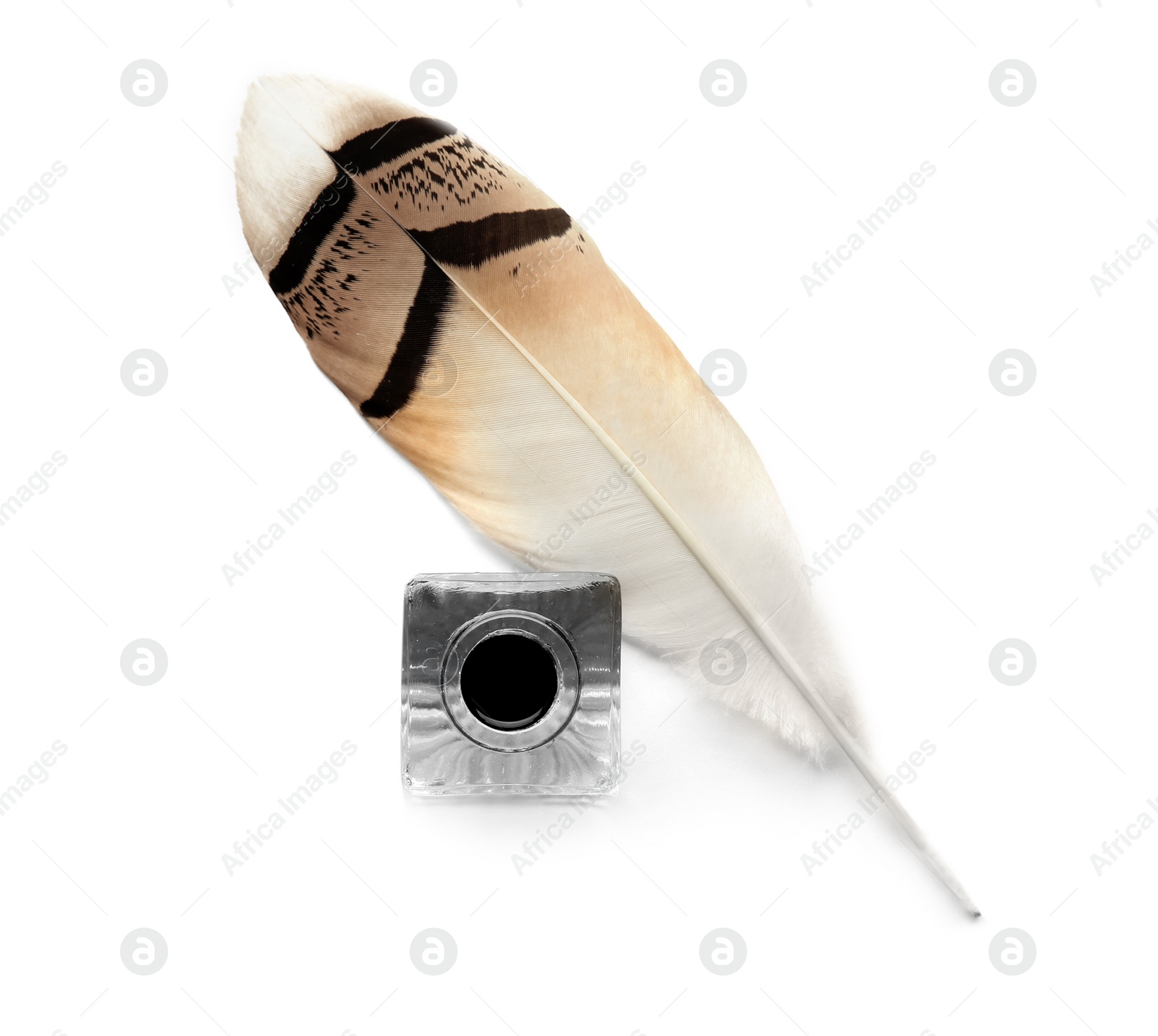 Photo of Feather pen and inkwell on white background, top view