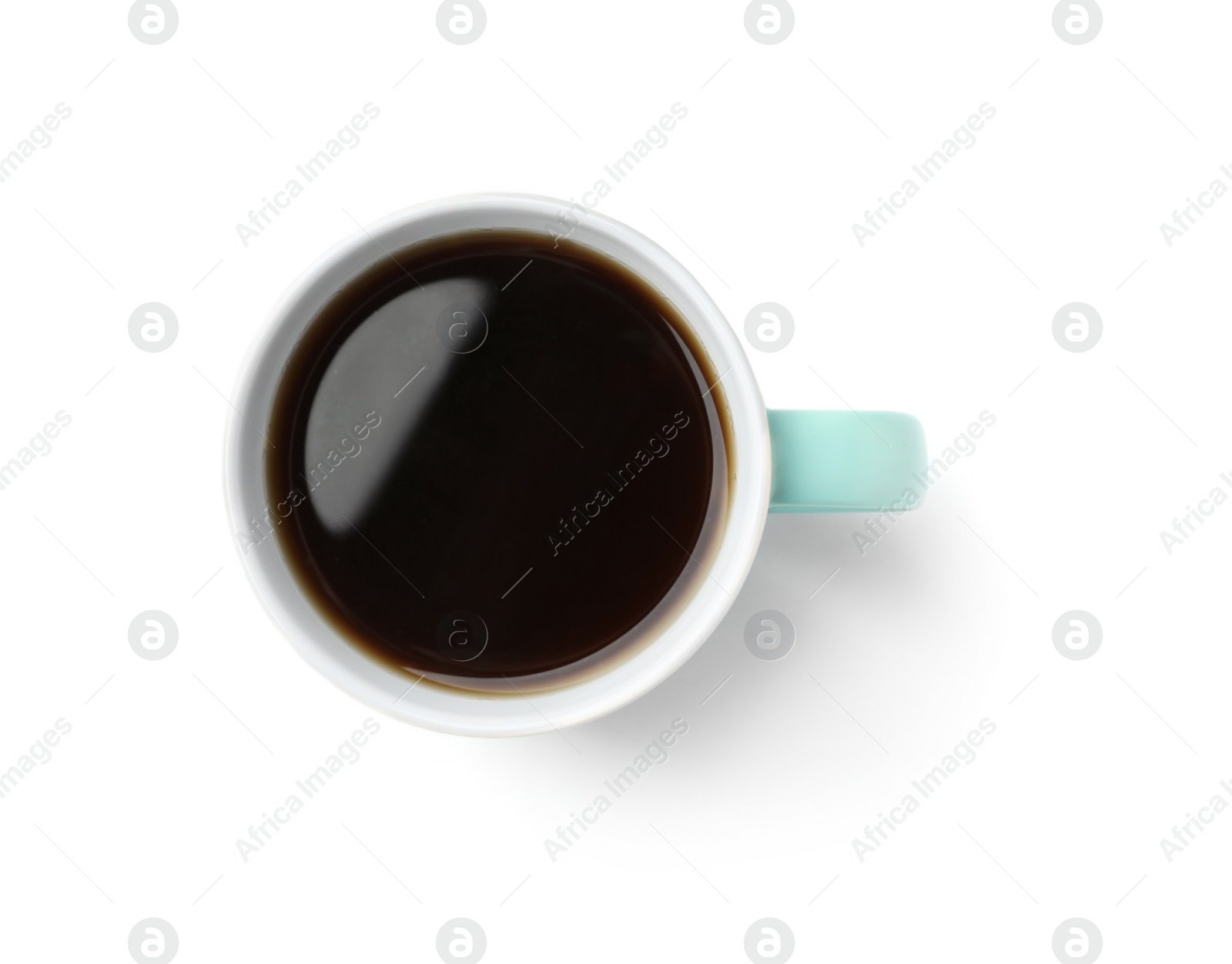 Photo of Ceramic cup with hot aromatic coffee on white background