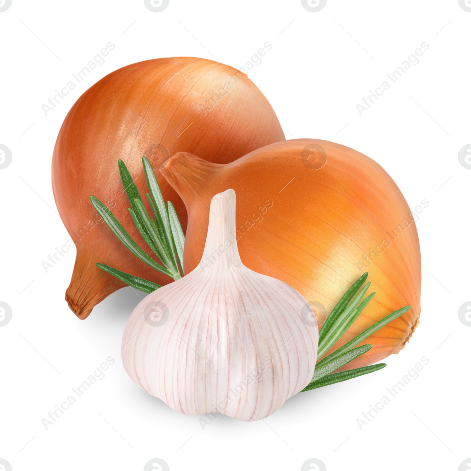 Image of Garlic, yellow onion bulbs and rosemary isolated on white