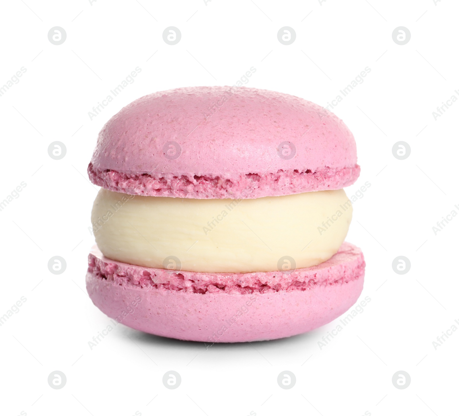 Photo of Pink macaron on white background. Delicious dessert