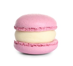 Photo of Pink macaron on white background. Delicious dessert