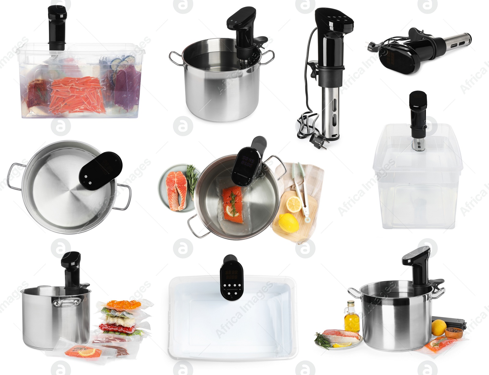 Image of Collage with sous vide cookers, pots, container and vacuum packed products isolated on white. Thermal immersion circulator