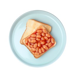 Photo of Delicious bread slices with baked beans on white background, top view