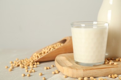 Fresh soy milk and beans on light grey table. Space for text