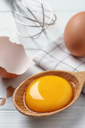 Spoon with raw egg yolk on white wooden table, closeup