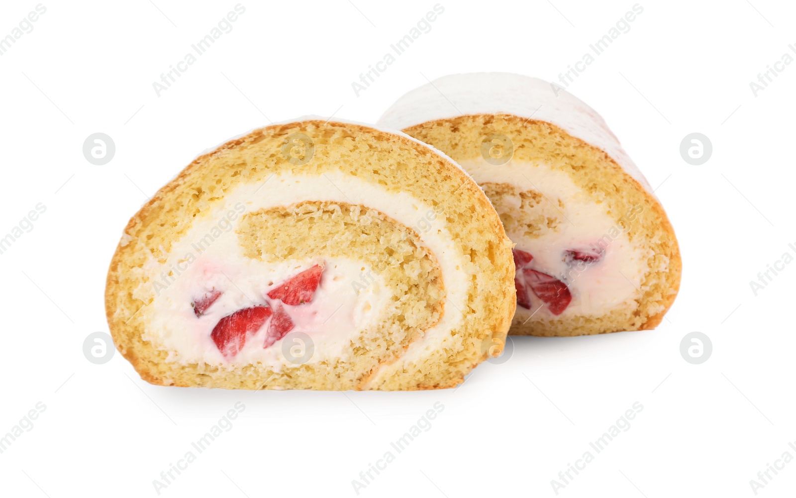 Photo of Delicious sponge cake roll with strawberries and cream on white background