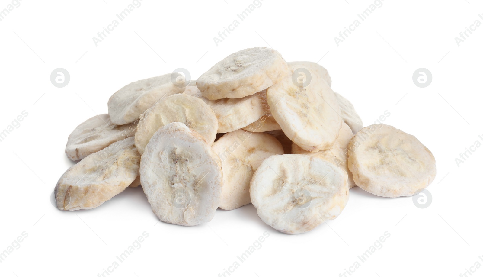 Photo of Pile of freeze dried bananas on white background