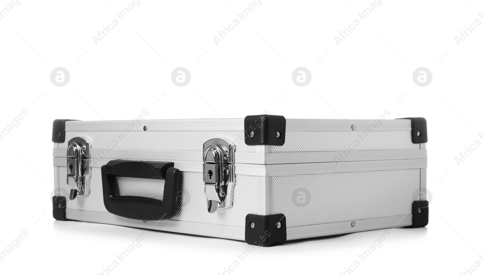 Photo of Stylish aluminum hard case on white background