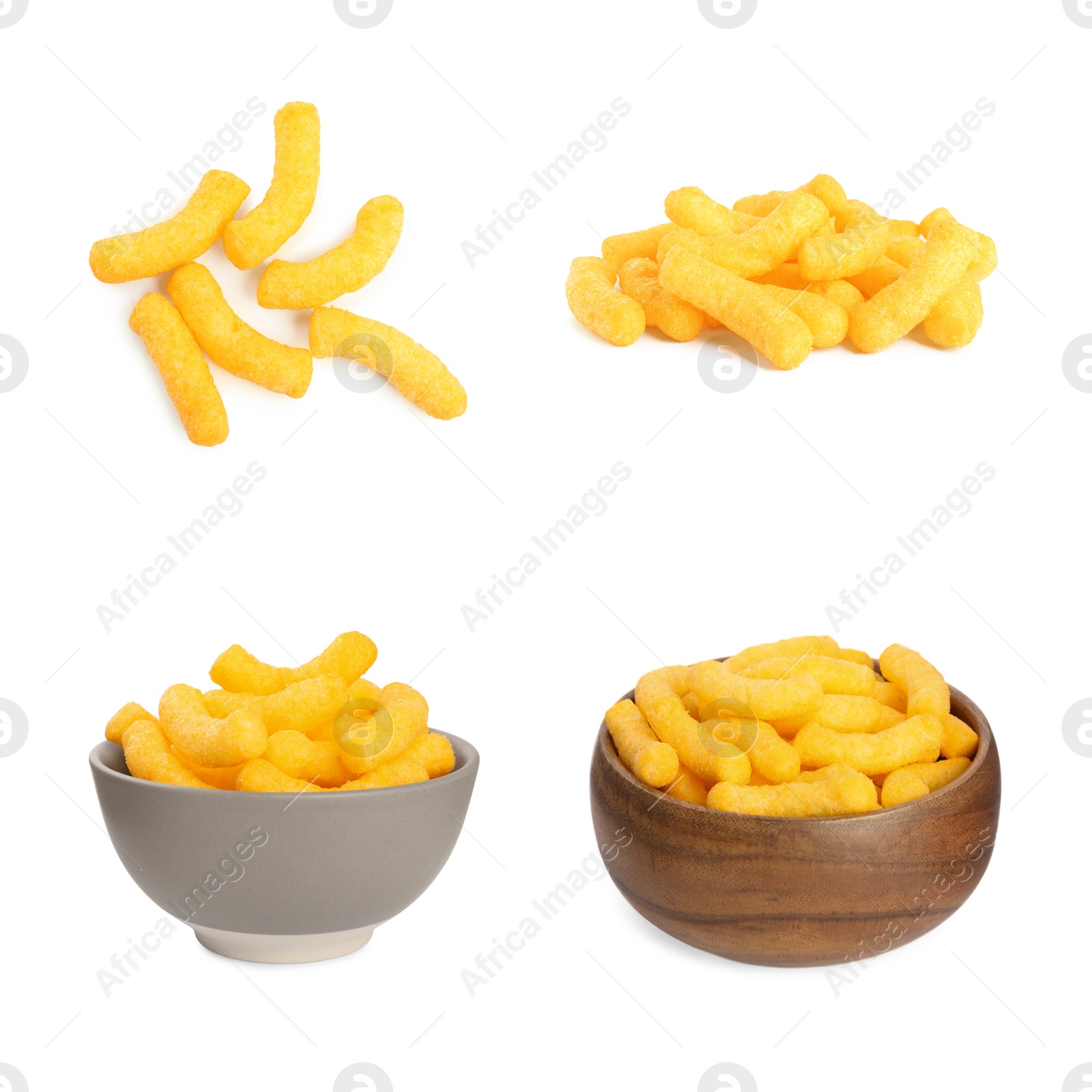 Image of Collage of tasty corn sticks on white background