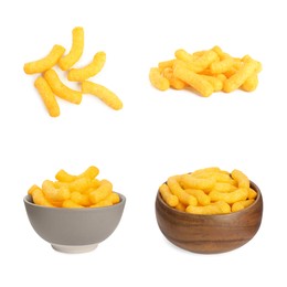 Image of Collage of tasty corn sticks on white background