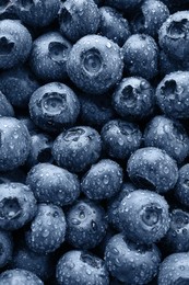 Photo of Wet fresh blueberries as background, top view