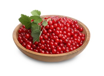 Tasty ripe red currants and green leaves in bowl isolated on white