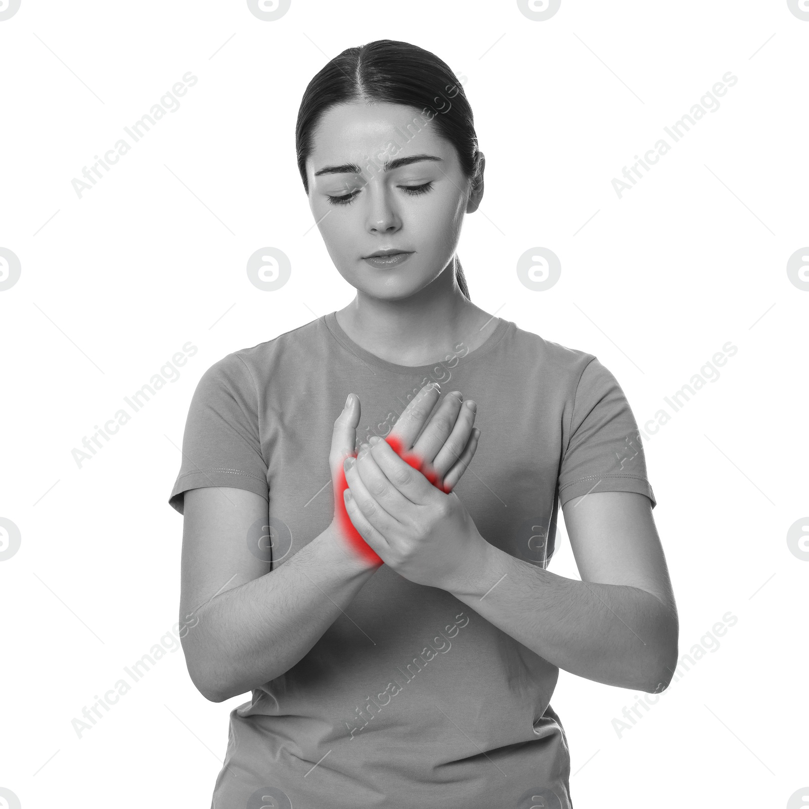 Image of Woman suffering from rheumatism on white background. Black and white effect with red accent in painful area