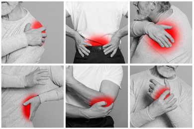 Men suffering from rheumatism, black and white effect with red accent. Collage of photos