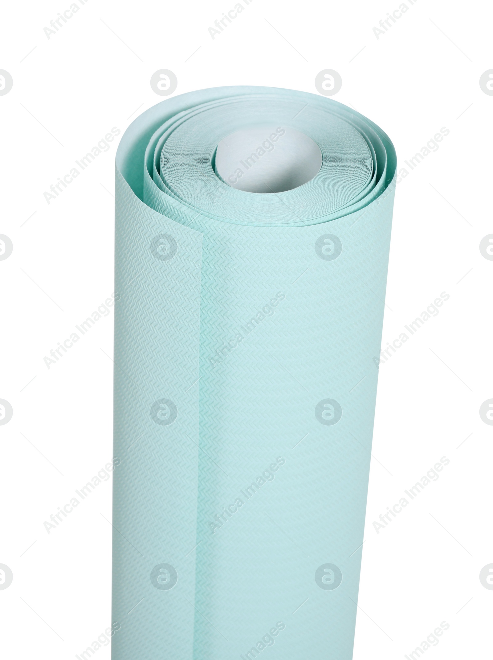 Photo of One light turquoise wallpaper roll isolated on white