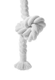 Photo of Hemp rope with knot isolated on white. Natural material