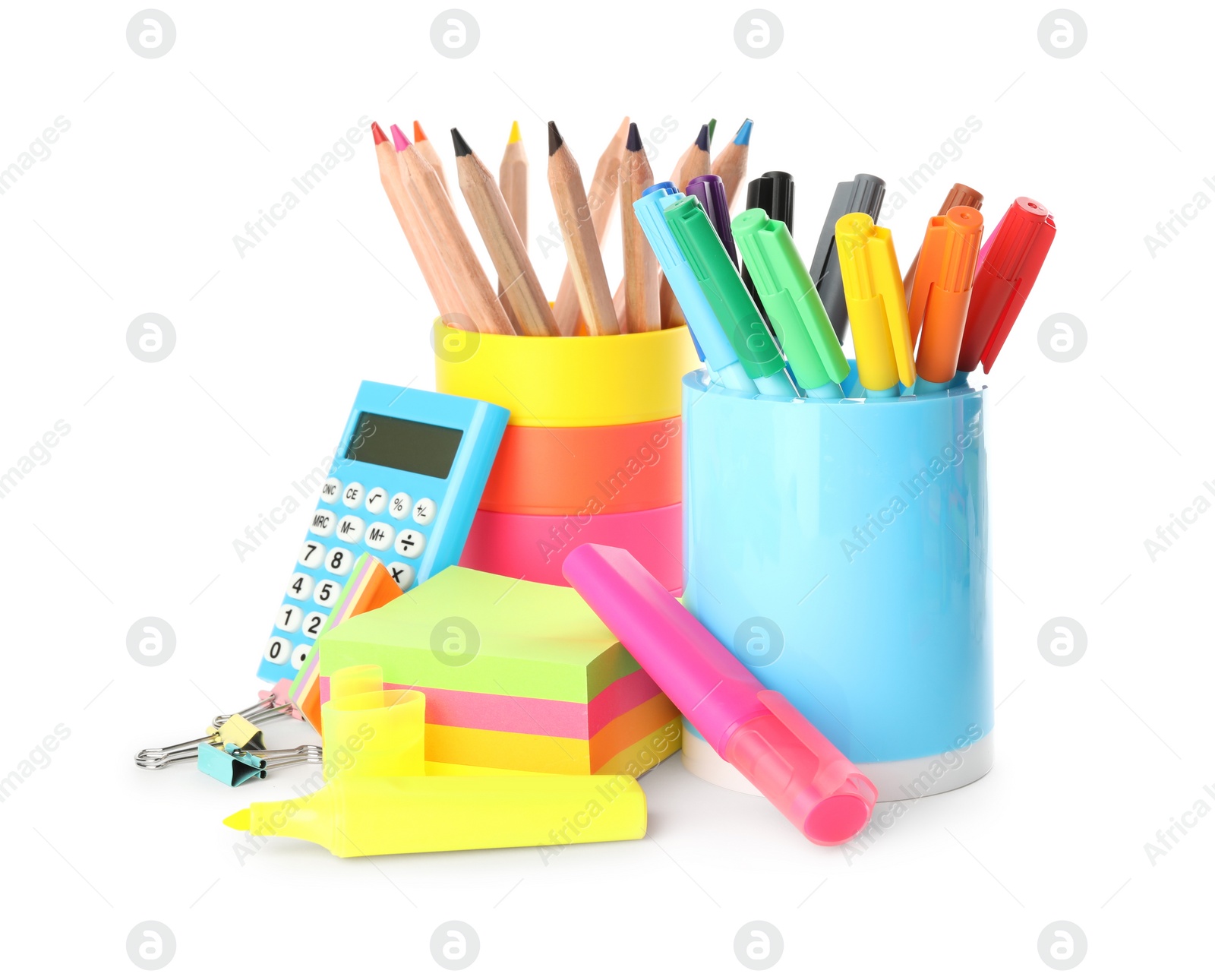 Photo of Set of different school stationery on white background