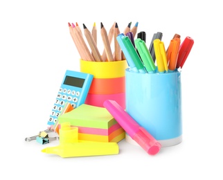 Set of different school stationery on white background