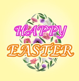 Image of Happy Easter. Egg shape made of flowers and leaves on yellow background, flat lay 