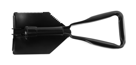 Photo of Foldable sapper shovel isolated on white, top view. Military training equipment