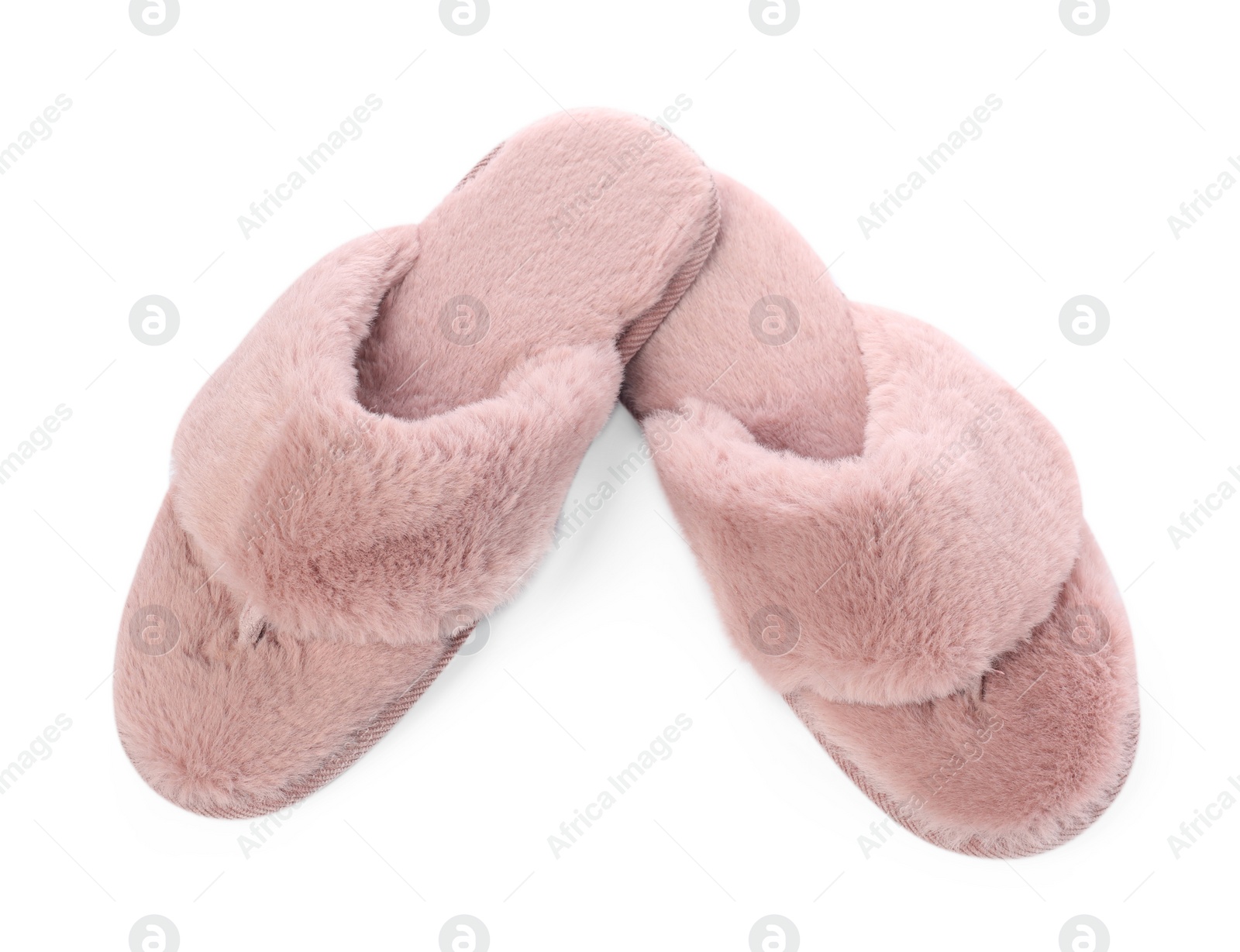 Photo of Pair of pink soft slippers isolated on white, above view