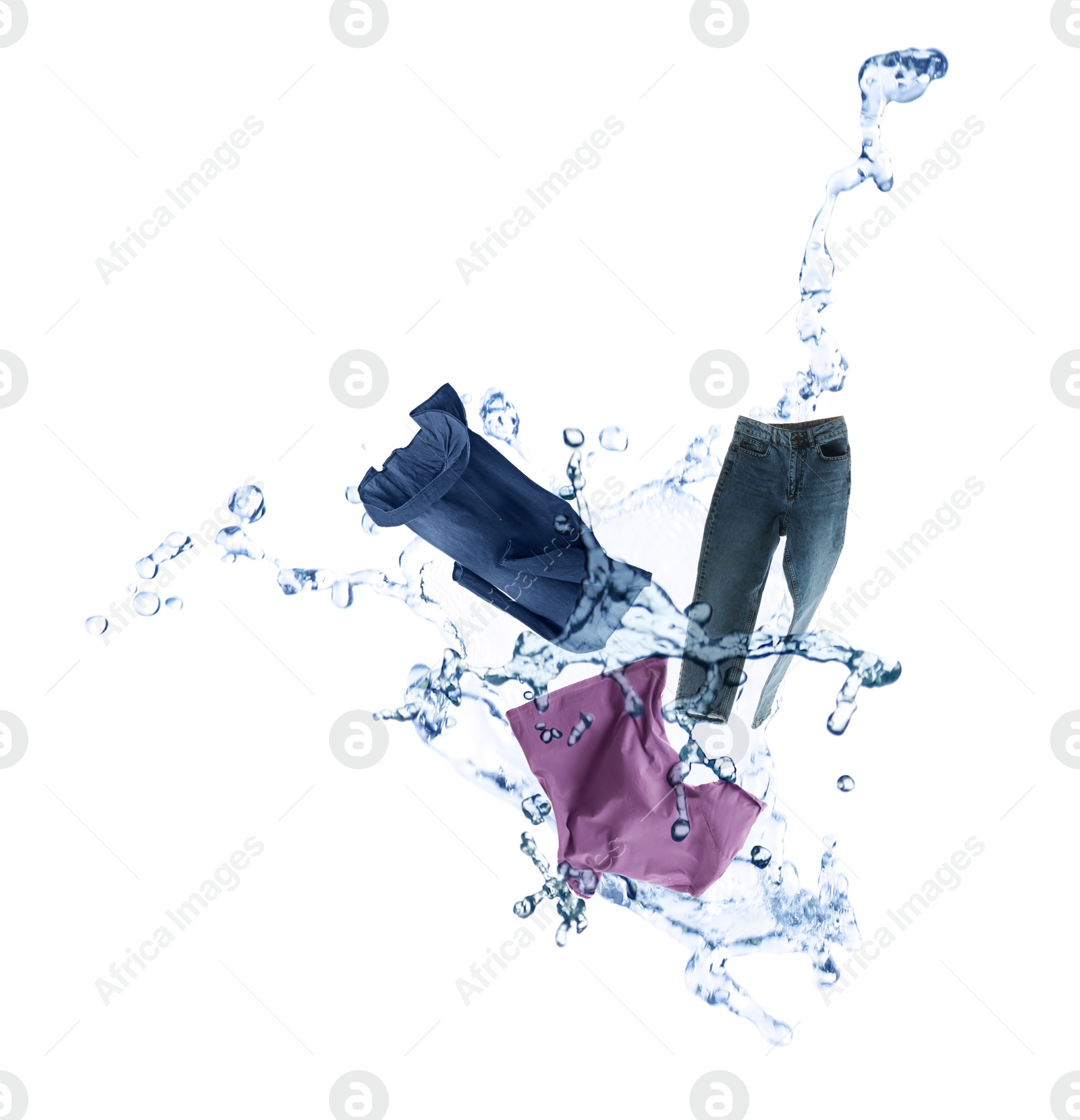 Image of Water splash with different clothes isolated on white