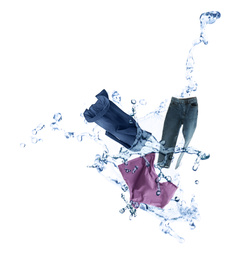 Image of Water splash with different clothes isolated on white