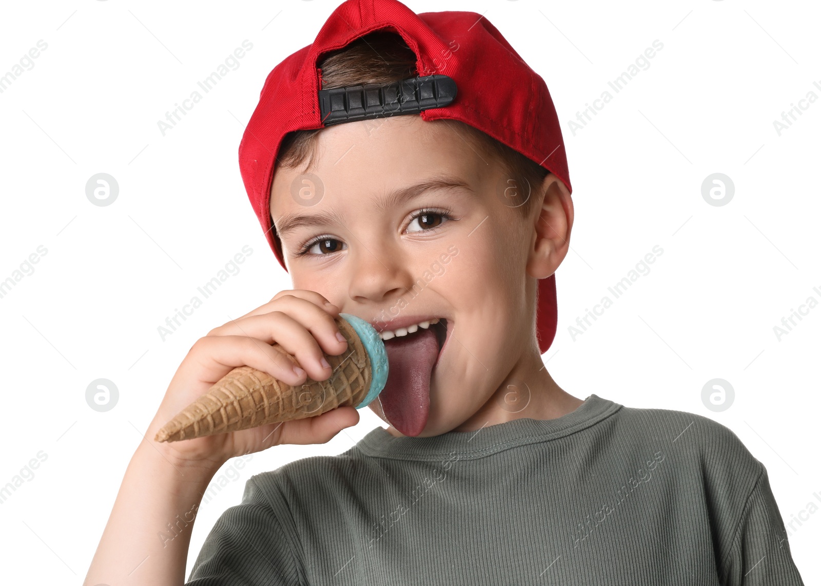 Photo of Adorable little boy with delicious ice cream on white background, closeup