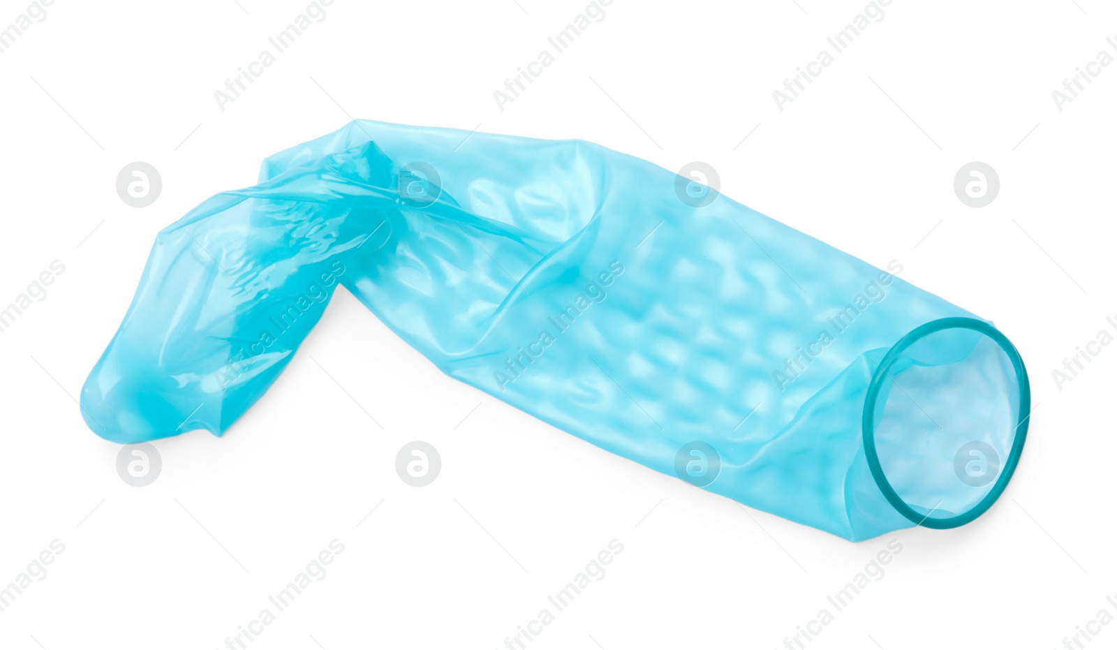 Photo of Blue used condom on white background. Safe sex concept