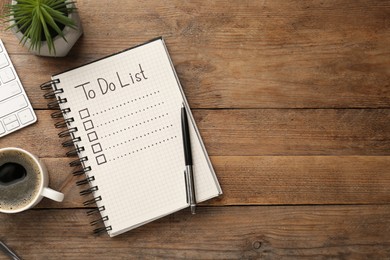 Photo of Flat lay composition with to do list on wooden table, space for text