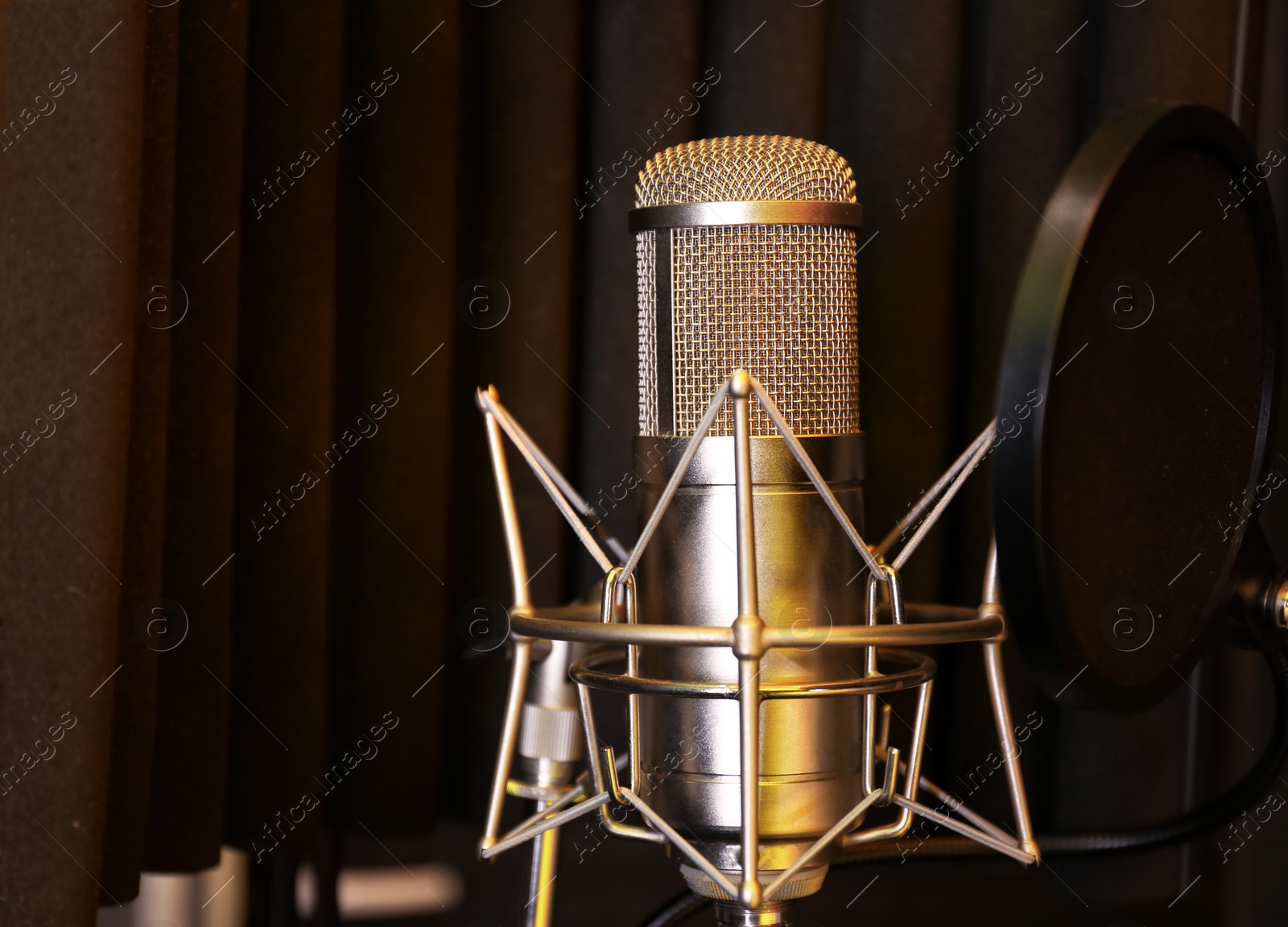 Photo of Condenser microphone in modern recording studio. Music equipment