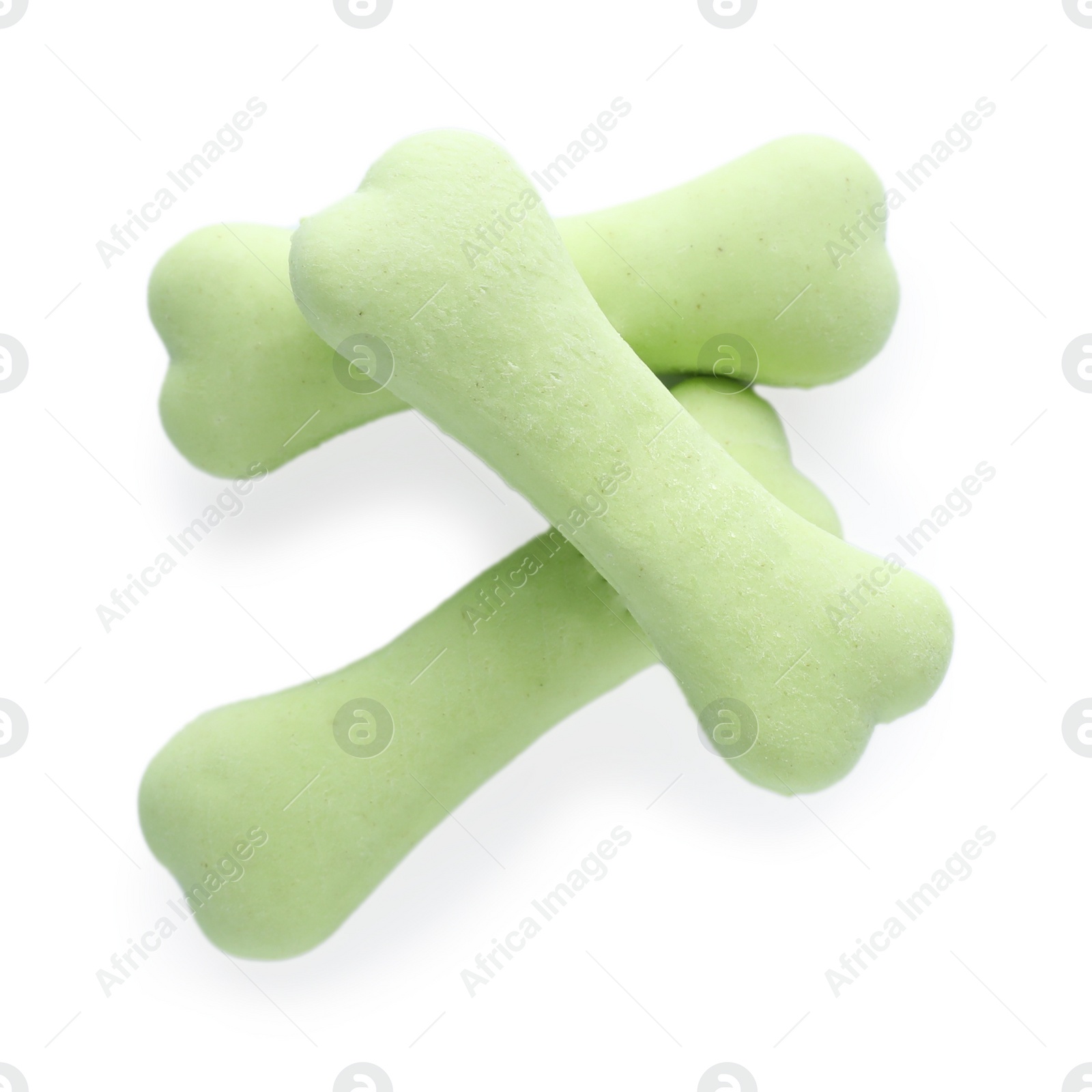 Photo of Bone shaped dog cookies on white background, top view