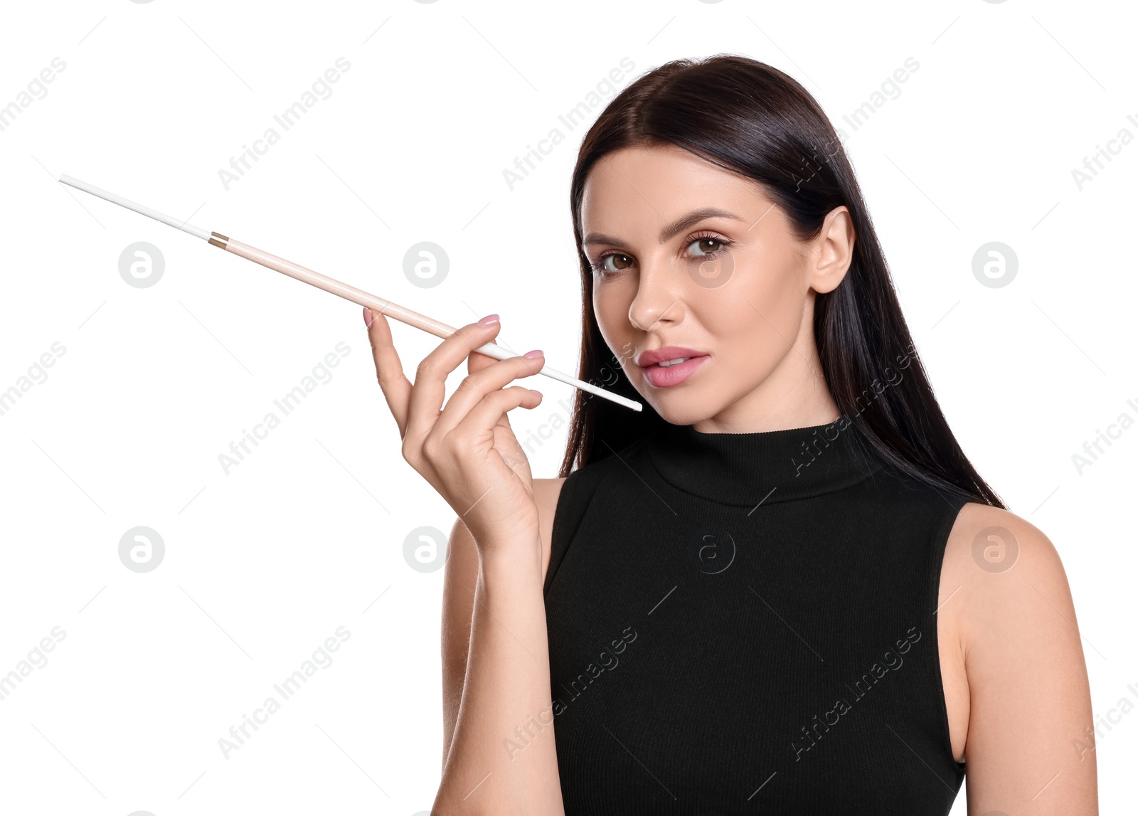 Photo of Woman using long cigarette holder for smoking isolated on white