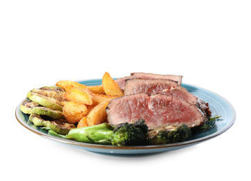 Photo of Delicious beef steak served with vegetables and fried potatoes isolated on white