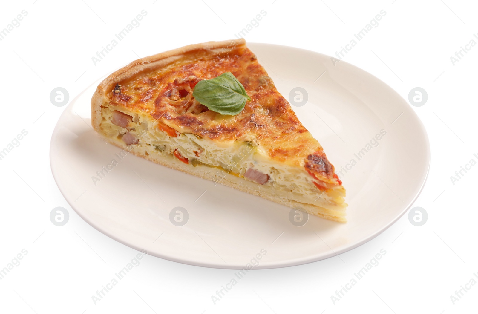 Photo of Piece of delicious homemade vegetable quiche isolated on white