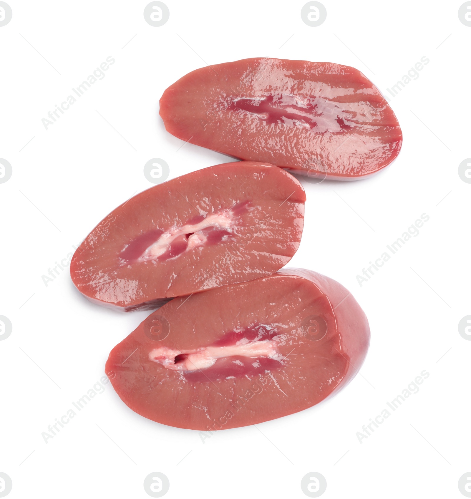 Photo of Cut fresh raw pork kidney on white background, top view