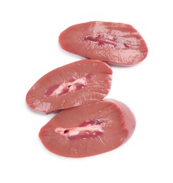 Cut fresh raw pork kidney on white background, top view