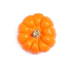 Photo of Beautiful ripe orange pumpkin isolated on white, top view