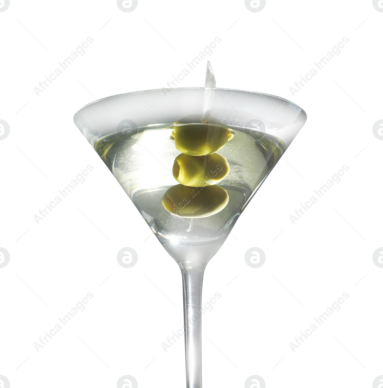 Photo of Glass of olive martini on white background