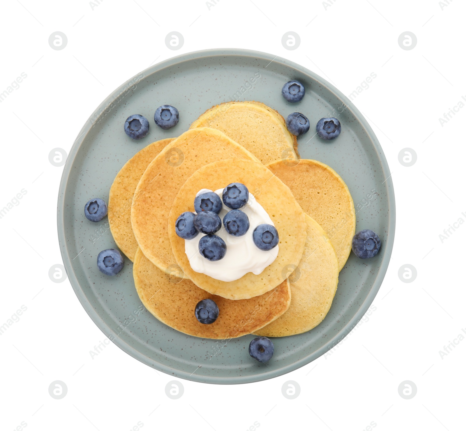 Photo of Tasty pancakes with natural yogurt and blueberries on white background