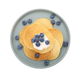 Photo of Tasty pancakes with natural yogurt and blueberries on white background