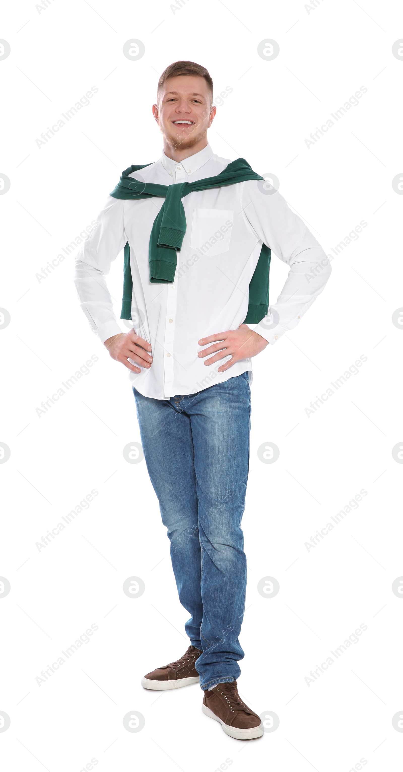 Photo of Full length portrait of handsome young man on white background