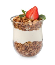 Photo of Glass of yogurt with granola, strawberry and mint isolated on white