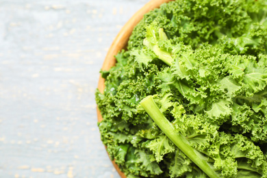 Photo of Fresh kale leaves on light grey wooden table, closeup. Space for text