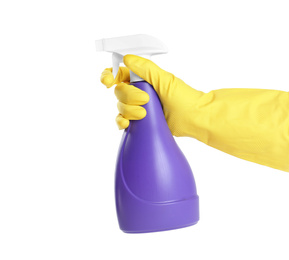 Photo of Person in yellow rubber gloves with spray detergent on white background, closeup of hand