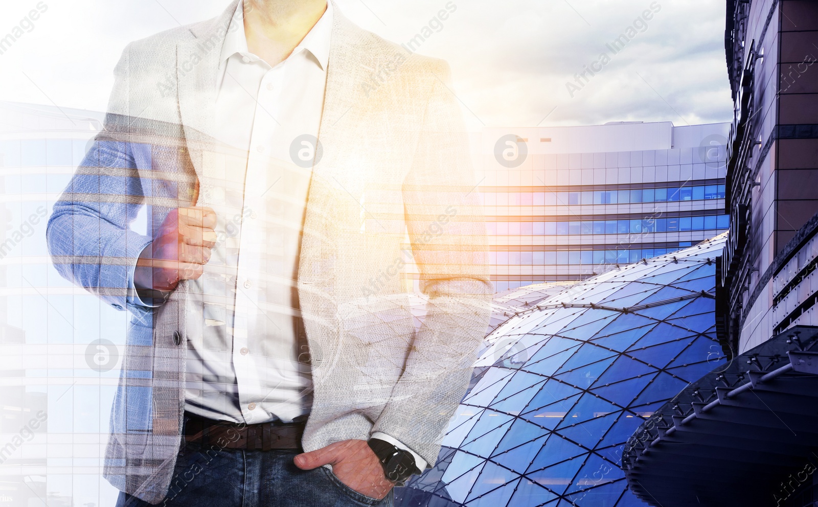 Image of Double exposure of businessman and different buildings in city