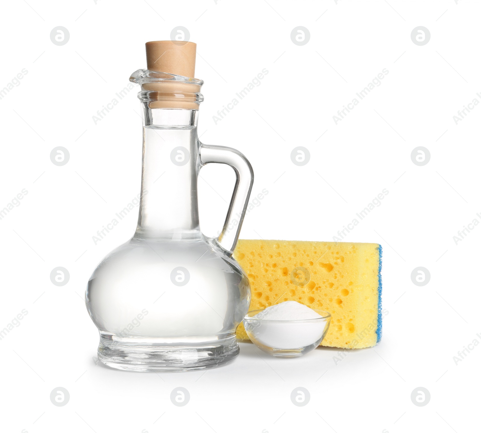 Photo of Composition with vinegar on white background. House cleaning