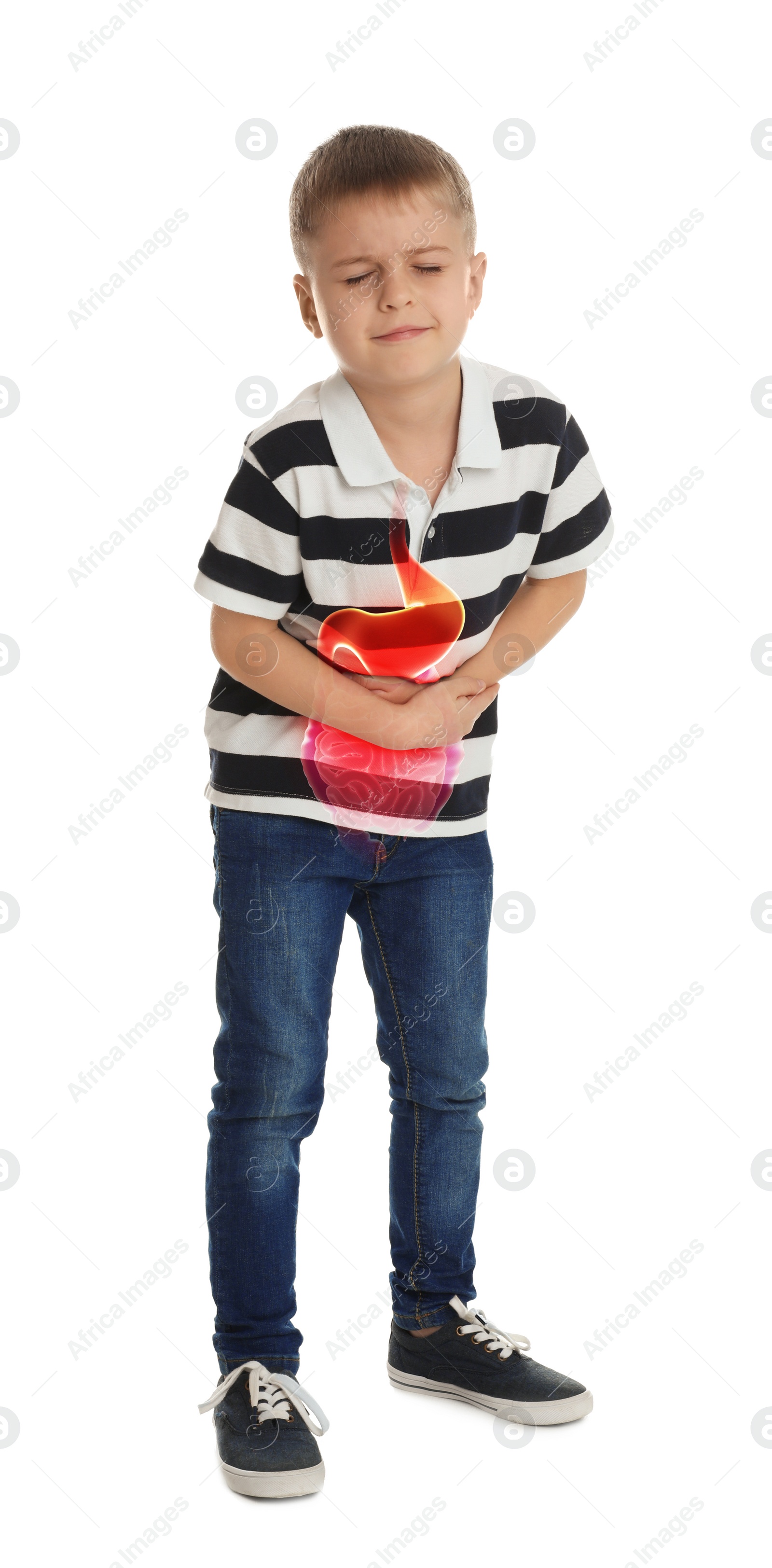 Image of Little boy suffering from stomach pain on white background
