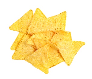 Photo of Tasty Mexican nachos chips on white background, top view