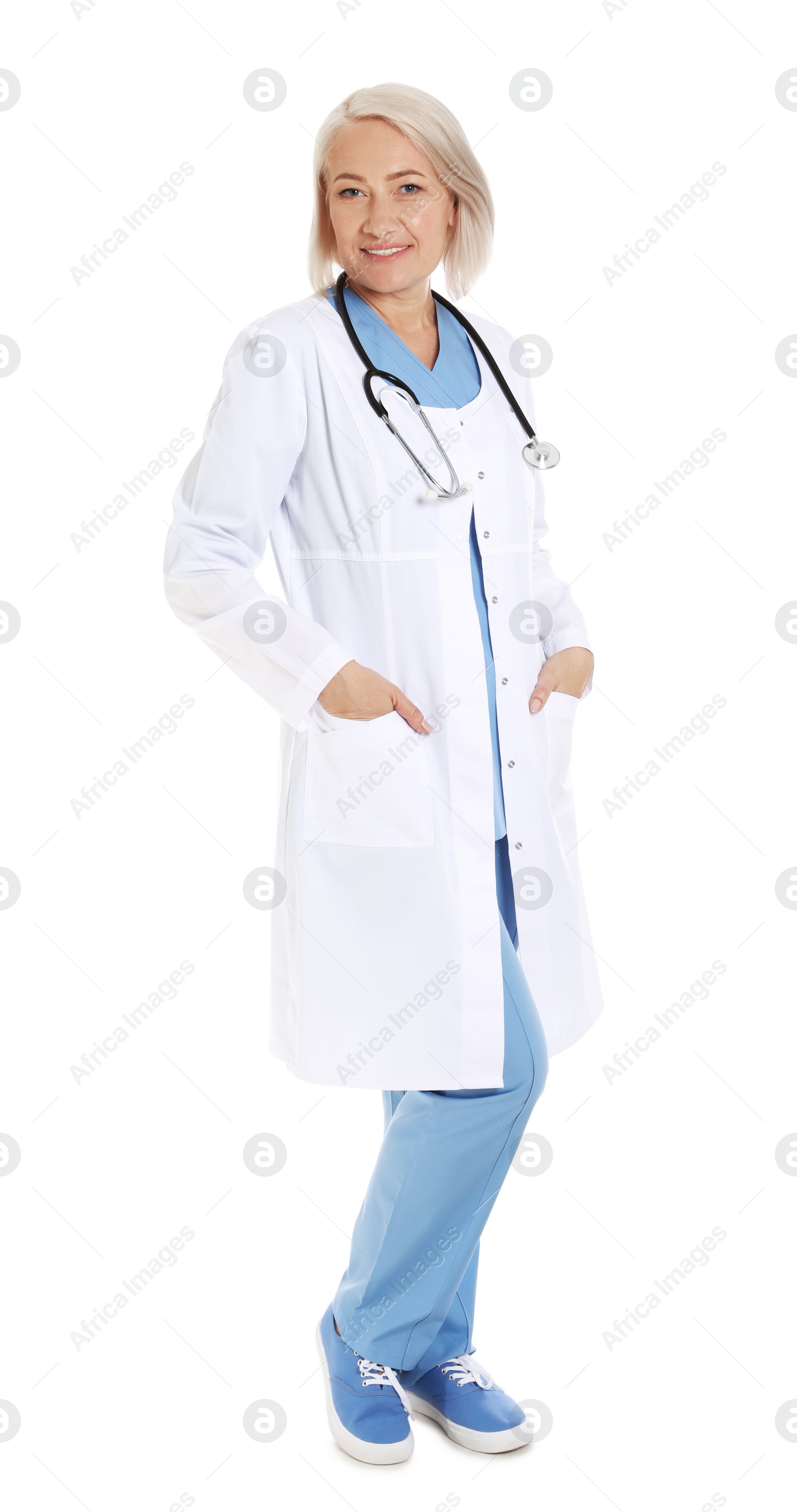 Photo of Full length portrait of female doctor isolated on white. Medical staff